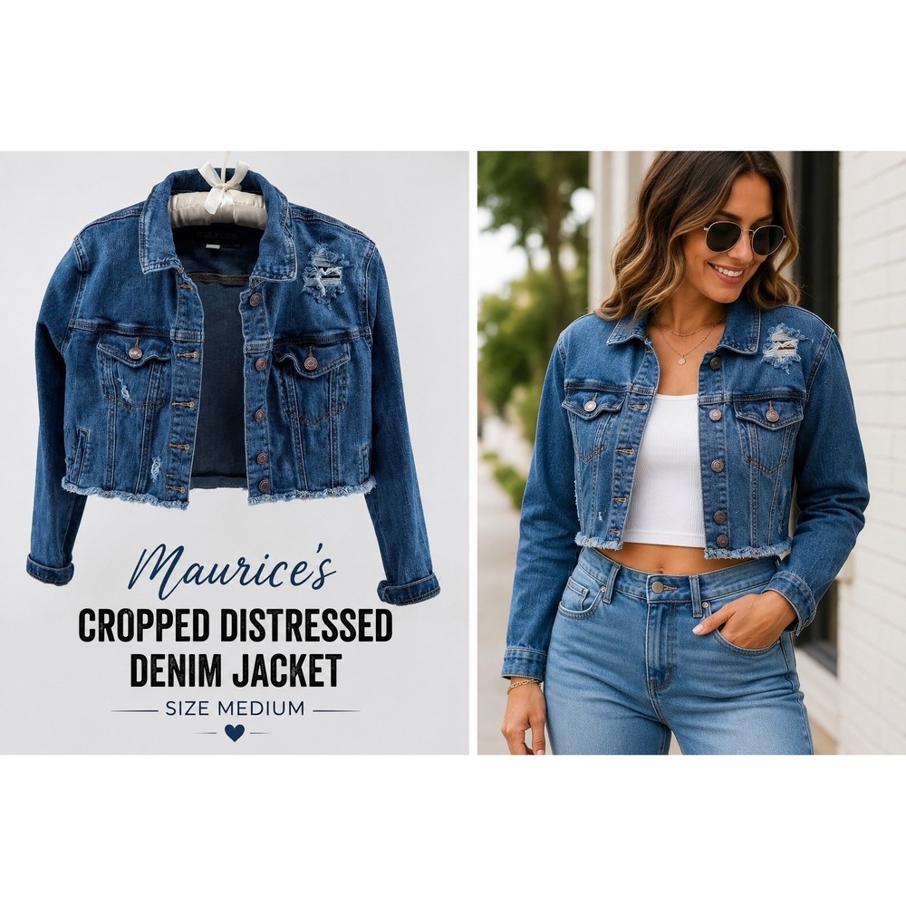 Maurice's Cropped Distressed Denim Jacket Women's Medium Raw Hem Blue Casual